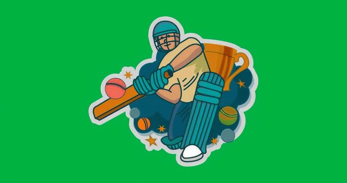 Cricket batsman swinging bat to celebrate trophy win with balls on transparent vector background