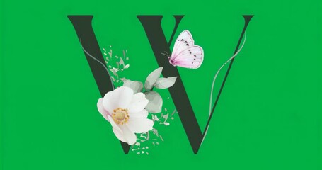 Displaying V with white flower silver sprig pink butterfly on transparent background for monogram - Powered by Adobe