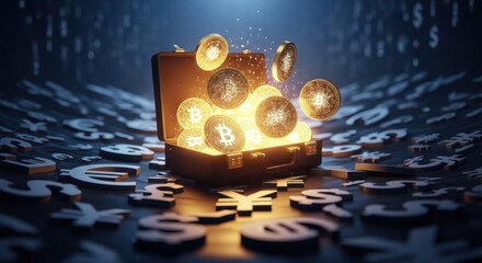 Golden treasure chest overflowing with glowing cryptocurrency coins digital assets