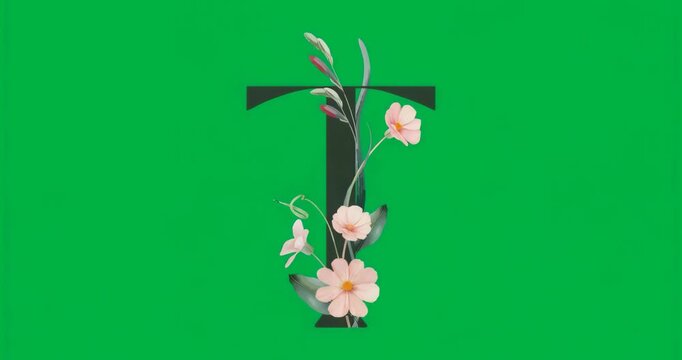 Opening T entwining blossoms on transparent blue marble, blossom rising looping monogram showcasing