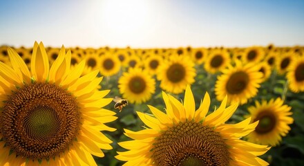 A vibrant field of bright yellow sunflowers with a bee in flight, collecting nectar. The sun shines brightly on the flowers.