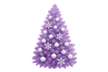Purple christmas tree decorated with white baubles and snowflakes on transparent background