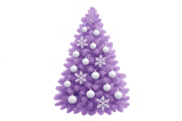 Purple christmas tree decorated with white baubles and snowflakes on transparent background