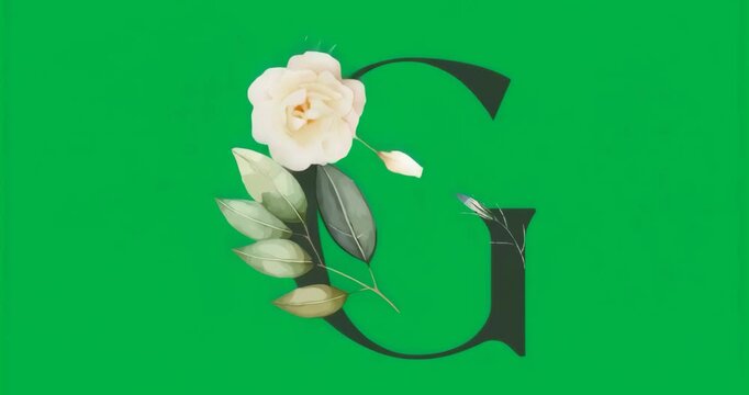 During loading letter G holding cream rose bud gold leaves over transparent backdrop for branding