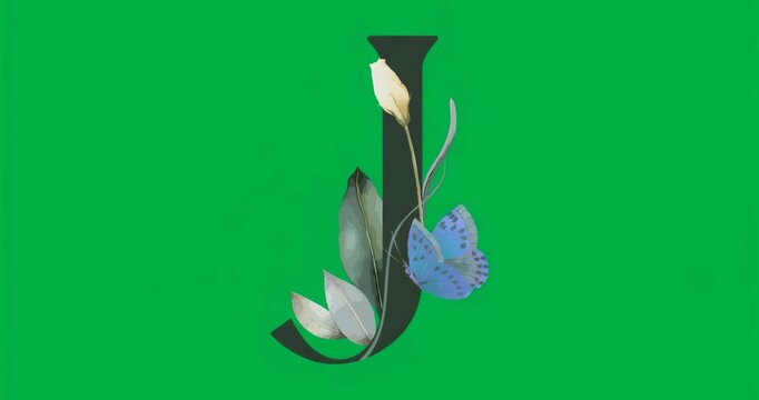 J emerging on transparent background, showcasing pale flower, silver leaves, butterfly for reveal