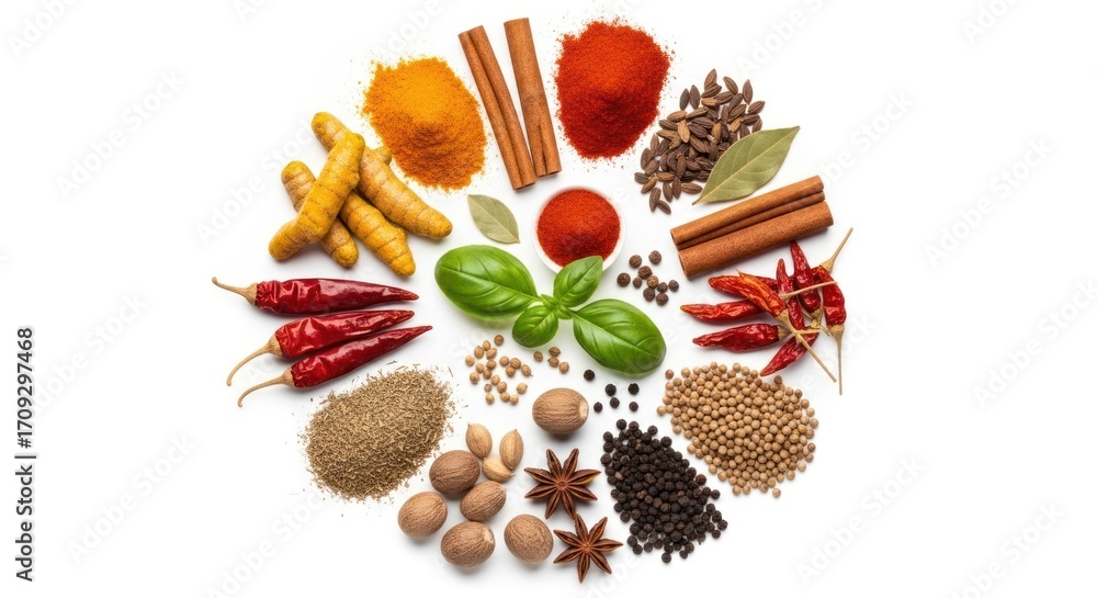 Aufkleber a colorful array of various spices and herbs arranged in a circular pattern against a plain white ba