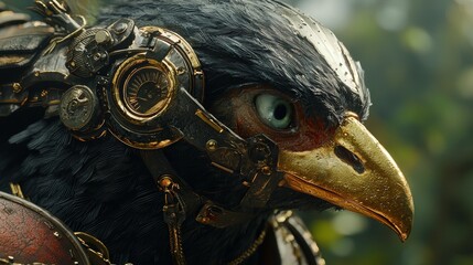 Mechanical bird with intricate details and golden accents stands proudly in lush greenery during daylight