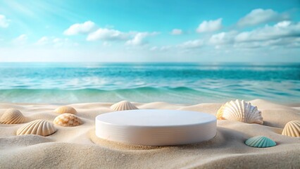 Beach Scene with Seashells and Podium for Product Presentation Summer Vacation and Tropical Getaway Concept Showcase Background Ideal for Advertising and Marketing