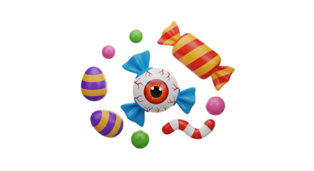 Spooky halloween candy assortment with eyeball lollipop and striped sweets on black