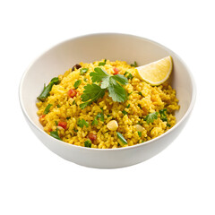 Yellow rice with lemon slice and parsley in a white bowl on a white background cooked rice