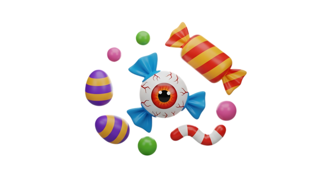 Spooky halloween candy assortment with eyeball lollipop and striped sweets on black