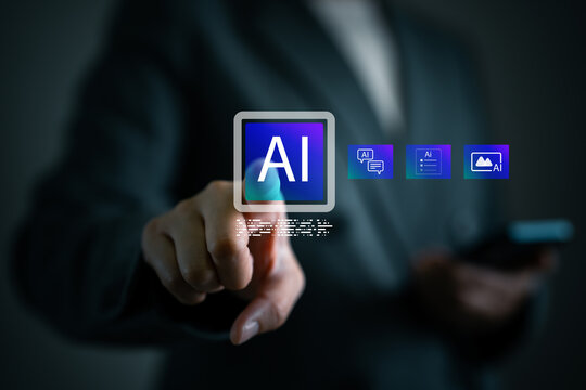 Businesswoman pointing at AI icon. Artificial intelligence technology, automation, AI tools generator, data processing and innovative digital transformation in modern business concept.