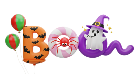 Colorful halloween themed boo illustration with balloons spider and a cute ghost