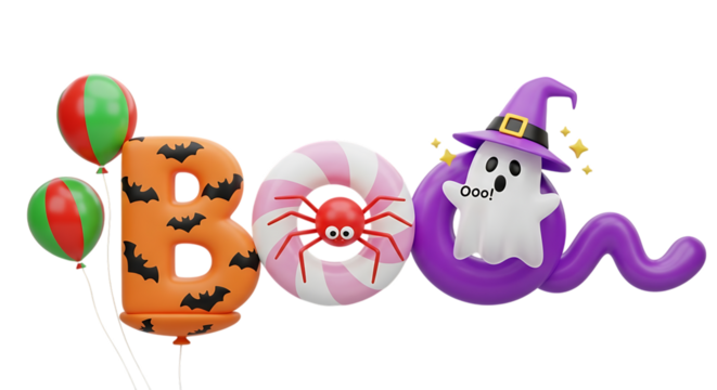 Colorful halloween themed boo illustration with balloons spider and a cute ghost