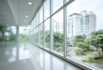 Bright, spacious hallway with large windows, blurring into a cityscape view; light reflecting off the polished floor creates depth