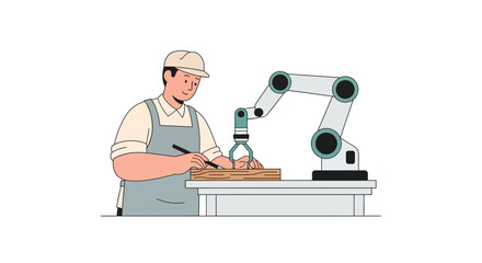 Man working with a robotic arm in a manufacturing process.