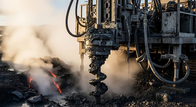 Drilling Rig Extracting Earth Core Sample with Steam, Heavy Equipment in Geological Survey