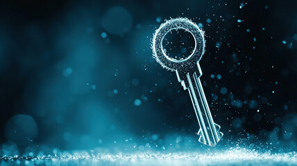 Futuristic digital key glowing with blue light, symbolizing cyber security, encryption, and data protection in high tech environment
