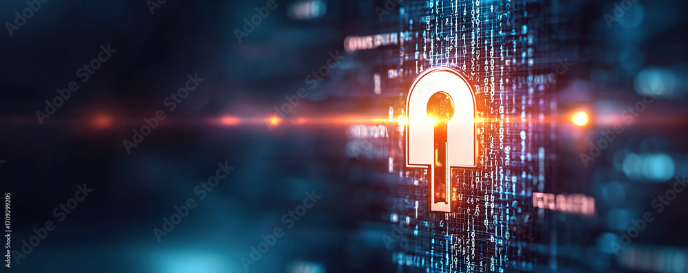 Poster digital lock glowing on encrypted code wall, symbolizing cybersecurity, data protection, and secure 