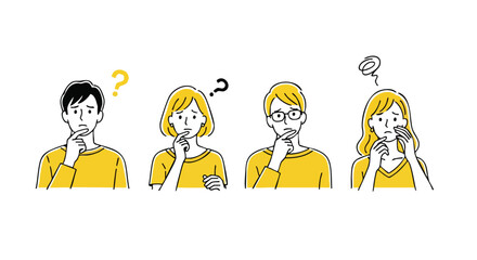 People pondering difficult questions needing creative solutions and problem solving skills with question mark icons