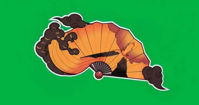 On start orange folding fan rotating clockwise on transparent backdrop showcasing decorative motifs