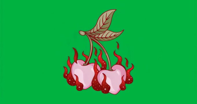 Flames igniting on pink cherries, flickering, smoking, pulsating, leaving blue aura on transparent