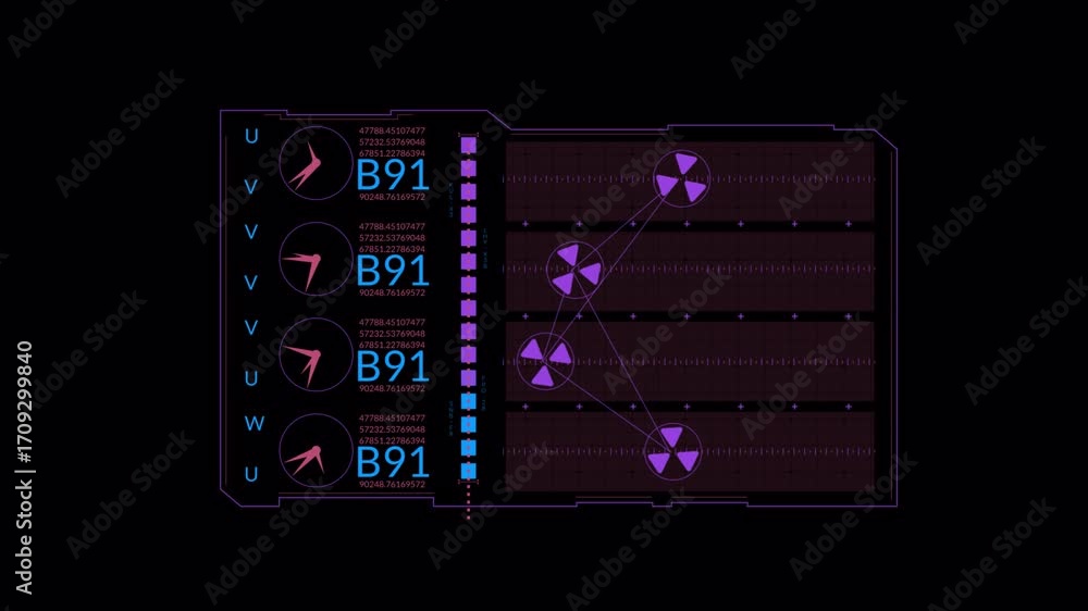 Poster futuristic sci-fi interface with glowing data and radiation symbols.