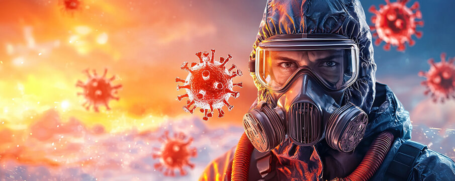 Man biohazard suit gas mask virus pandemic dystopian danger protective gear sunset dramatic man biohazard suit and gas mask stands dystopian - Powered by Adobe