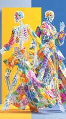 Fototapeta premium Futuristic X-ray Couture Colorful skeletons symbolize life and death. Avant-Garde Fashion Concepts Surreal Editorial Aesthetics