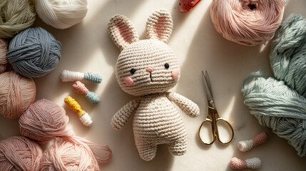 Cute crochet bunny doll surrounded by colorful yarn and scissors  