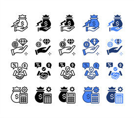 Profit growth, Value, Negotiation, Cost management, multiple style icon set.