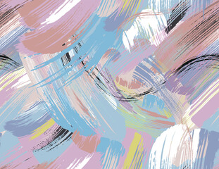 Seamless abstract pattern featuring expressive brush strokes in pastel and vibrant tones. Perfect for textile prints, fabric design, wallpapers, stationery, packaging, and modern digital backgrounds