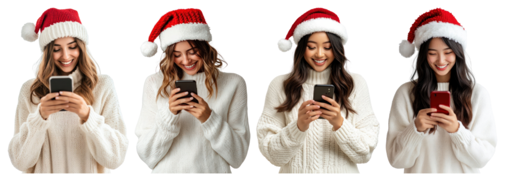PNG Festive women enjoying smartphones, element set on transparent background