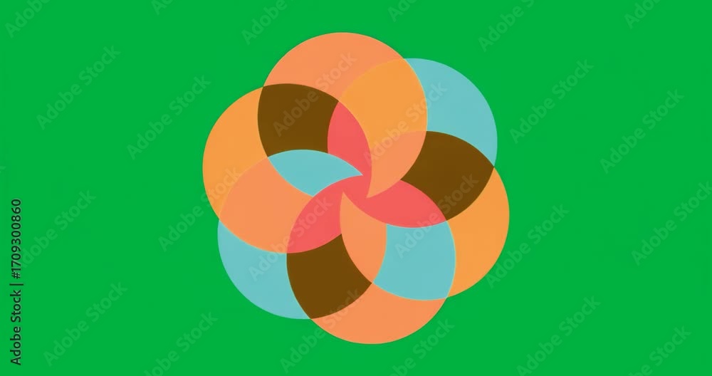 Poster shape spinning clockwise first frame, petals overlapping revealing new colors on transparent canvas