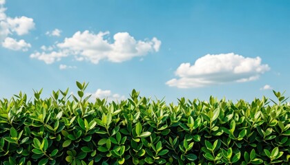Lush green hedge under bright blue sky nature photography outdoor landscape tranquil atmosphere wide angle view