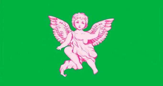 Upon start cherub staying centered against glitch mosaic shifting right with neon-blue glow pulsing