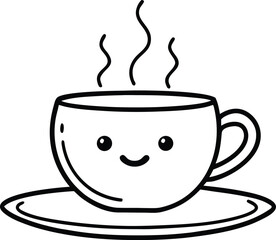 a smiling coffee cup with steam on a saucer representing warmth and relaxation line art