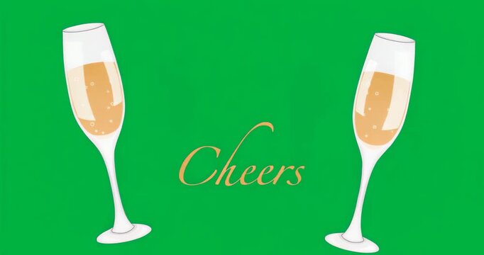 Upon appearing beside Cheers text, two champagne glasses toasting inward on transparent background