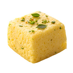 Yellow square dessert garnished with fresh green herbs and spices sweet cake