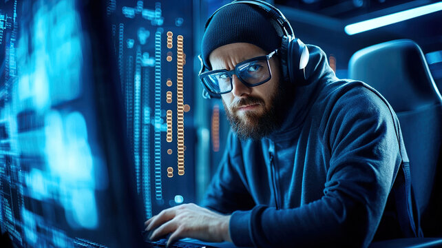 Focused cybersecurity specialist wearing glasses and headphones works on computer in dark server room, illuminated by blue light