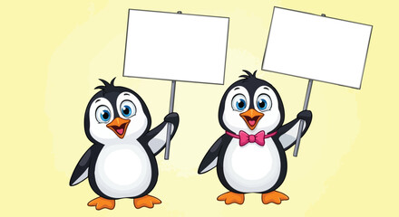 Two adorable penguins joyfully holding blank signs ready for your message or creative artwork today