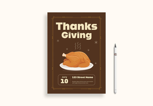 Retro Thanksgiving Dinner Party Flyer Layout with Illustration