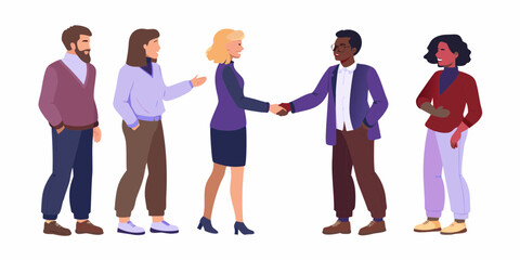 Obraz premium Diverse group of five people in casual business attire interacting and shaking hands