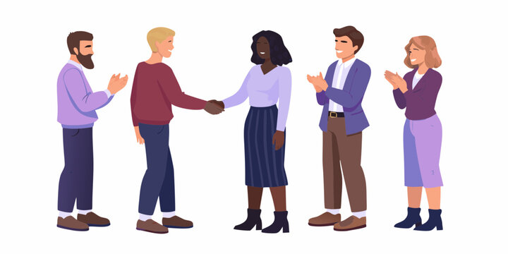 Diverse group of people celebrating a successful business deal with handshakes and applause