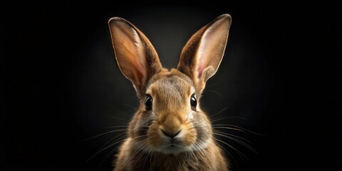 Obraz premium A Close-Up Portrait of a Brown Rabbit Against a Dark Background, Showcasing its Expressive Eyes and Long Ears