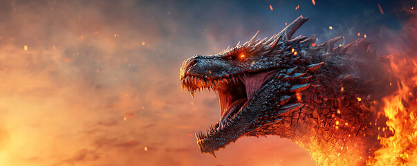 Fiery dragon roaring with glowing eyes, sharp teeth, and scales, surrounded by flames and smoke in fantasy scene