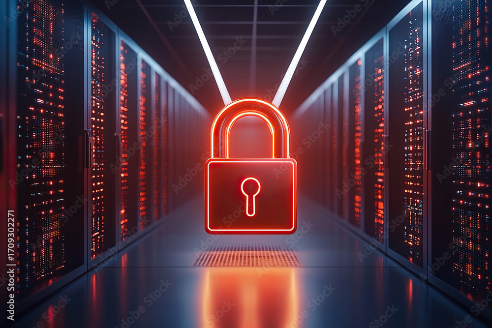 Poster digital lock data center cybersecurity confidential protection server glowing secure technology netw