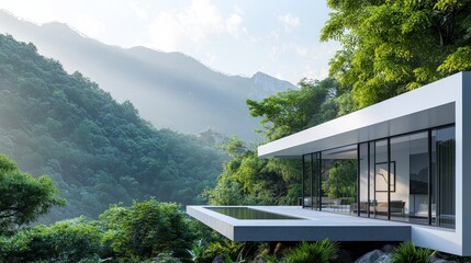 Modern minimalist house in scenic mountain landscape with lush greenery.