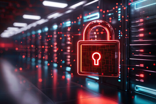 Large digital lock data security server room glowing red confidential protection technology cyber defense futuristic