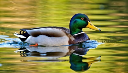 Fototapeta premium Swimming mallard duck in serene lake nature photography calm environment close-up view